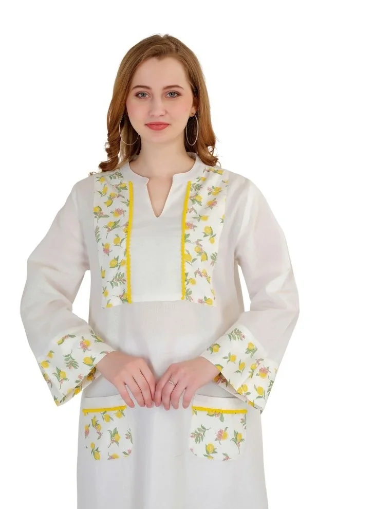 أرتيميا قماش قطني فاخر بمظهر كتان مطبوع مع ياقة وجيوب بتفاصيل دانتيل